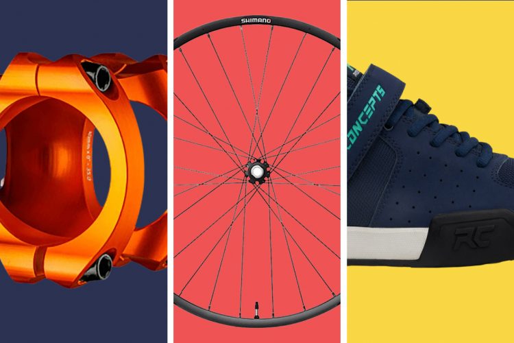Image depicting three cycling accessories: an orange bicycle stem on the left, a black Shimano bicycle wheel on a red background in the center, and a navy blue cycling shoe with green accents on a yellow background on the right.