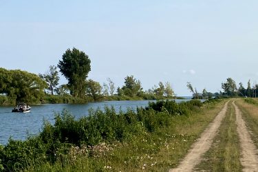 A dirt path runs alongside a calm river, bordered by lush greenery and wildflowers. In the distance, a small boat glides along the water under a clear blue sky. Trees line both sides of the river, creating a tranquil outdoor scene. Point Pelee National Park mountain bike trail.