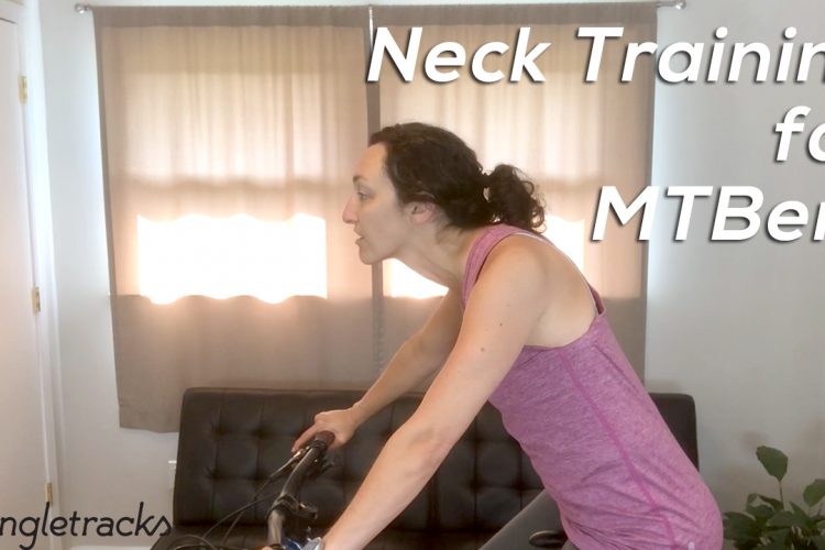 A person demonstrating neck training exercises for mountain bikers, leaning forward on a bicycle in a living room setting with sunlight filtering through curtains. The text "Neck Training for MTBers" is displayed in the image.