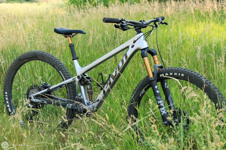 A silver mountain bike with black tires and golden fork components is positioned in a field of tall green grass, showcasing the bike's frame and saddle. The background consists of lush vegetation, enhancing the outdoor setting.