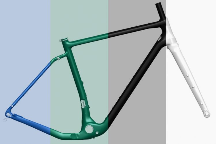 A modern bicycle frame displayed in a split-color design, featuring sections in blue, green, black, and white. The frame showcases a sleek, minimalist style suitable for performance cycling.