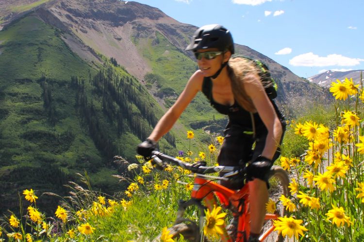 A person riding a mountain bike along a scenic trail surrounded by vibrant yellow wildflowers and lush green mountains under a clear blue sky. The cyclist is wearing a helmet and sunglasses, embodying an adventurous spirit in a picturesque outdoor setting.