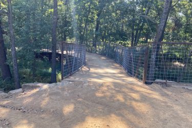 Alt text: A wooden bridge with a metal railing curves through a wooded area, surrounded by trees and sunlight filtering through the leaves. The path leading to the bridge is made of packed dirt and gravel. Coler Mountain Bike Preserve mountain bike trail.