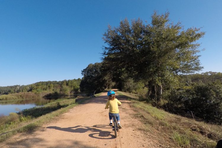 A child wearing a blue helmet rides a bicycle along a dirt path next to a calm body of water. Lush greenery and trees line the path under a clear blue sky.
