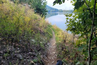 A narrow dirt path meanders alongside a calm lake, bordered by lush greenery and scattered rocks. In the background, rolling hills and power lines are visible under a clear sky. The scene captures a tranquil outdoor setting inviting for a hike or a leisurely walk. Haw Ridge Park mountain bike trail.
