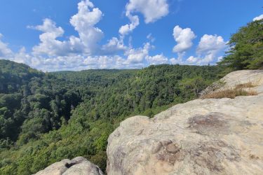 A panoramic view of a lush green valley surrounded by dense forests under a bright blue sky with fluffy white clouds. The foreground features a rocky outcrop, providing a vantage point over the landscape. Grand Gap mountain bike trail.