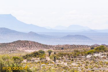 A scenic desert landscape featuring three mountain bikers riding along a dirt trail. The background showcases rolling mountains and a clear sky, with sparse vegetation and rocky terrain in the foreground. Anysberg Nature Reserve Trails mountain bike trail.