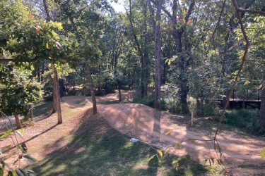 A view of a dirt bike trail winding through a wooded area, featuring small hills and jumps surrounded by trees and greenery. Sunlight filters through the leaves, creating a natural, inviting atmosphere for outdoor activities. Coler Mountain Bike Preserve mountain bike trail.