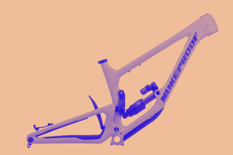 An illustration of a mountain bike frame in a striking color palette, featuring the brand name "Nukeproof" prominently displayed on the side. The frame design showcases its suspension components and sleek contours. The background is a solid, contrasting color that enhances the visibility of the bike frame.