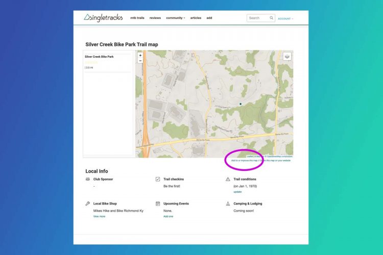 Alt text: Map of Silver Creek Bike Park with local information including a link to add or improve the map, trail check-ins, and details about camping and lodging. The background features a gradient from blue to green.