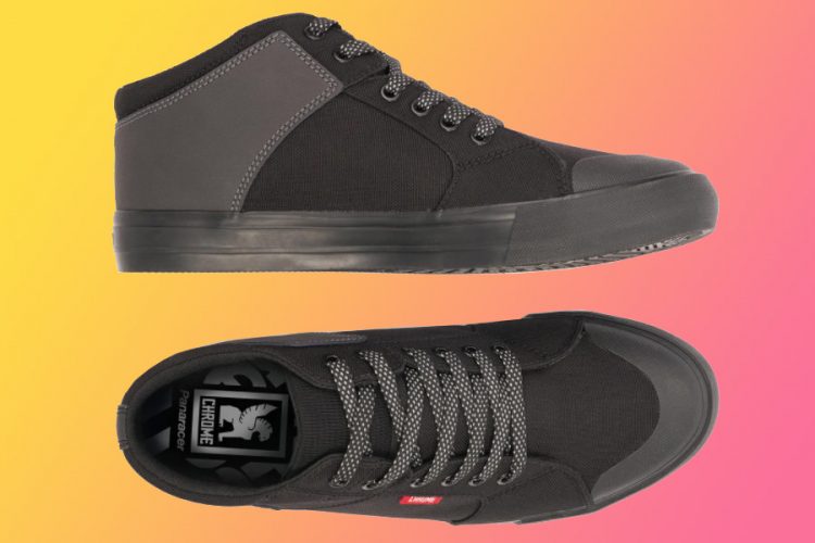 Black high-top and low-top sneakers displayed on a gradient background. The high-top sneaker features a smooth, gray textile upper with a rubber sole, while the low-top sneaker has a lace-up design with a similar fabric and sole.