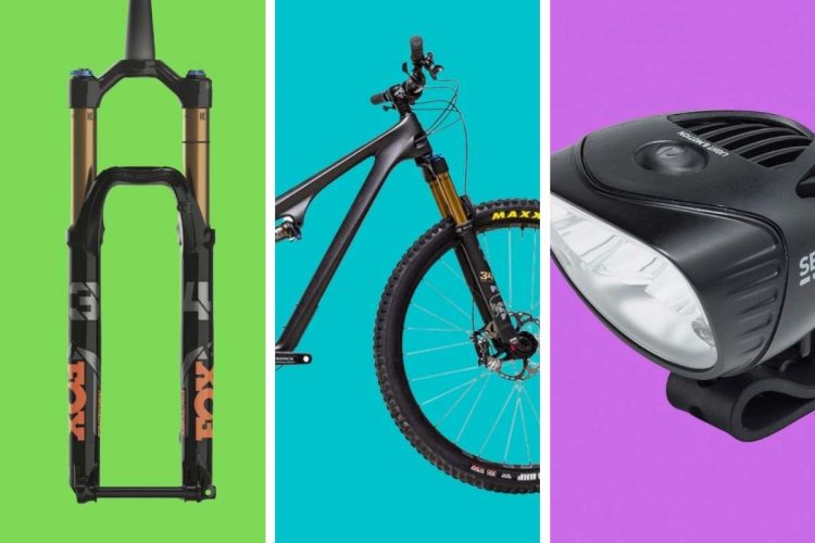 Image of three cycling components: on the left, a mountain bike fork with black and gold accents against a green background; in the center, a sleek black mountain bike frame with yellow highlights on a turquoise background; on the right, a black bicycle headlight featuring multiple LEDs, set against a purple background.