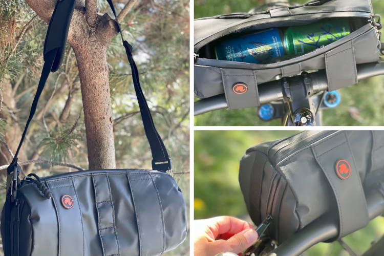 A compact, black messenger bag hanging from a tree branch, featuring a bright red logo. The bag is shown closed and filled with cans. Additional images depict the bag attached to a bicycle's handlebars, highlighting its zippered opening, practicality, and versatility.