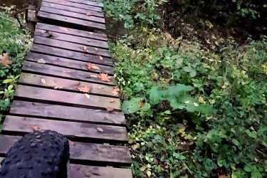 A close-up view of a mountain bike tire on a wooden bridge above a small stream, surrounded by lush green foliage and trees in a forested area. The scene is set in a natural outdoor environment, showcasing autumn leaves scattered on the bridge. Beulah Park mountain bike trail.