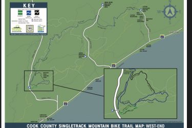 A detailed map of the Cook County Singletrack Mountain Bike Trail, specifically highlighting the West-End area. The map features marked trails with varying difficulty levels, parking areas, and notable landmarks. A key provides information on trail types and their difficulty ratings, such as easiest, moderate, and most difficult. Insets provide zoomed-in details of specific trail areas. The map is designed for mountain biking enthusiasts. Jackpot mountain bike trail.