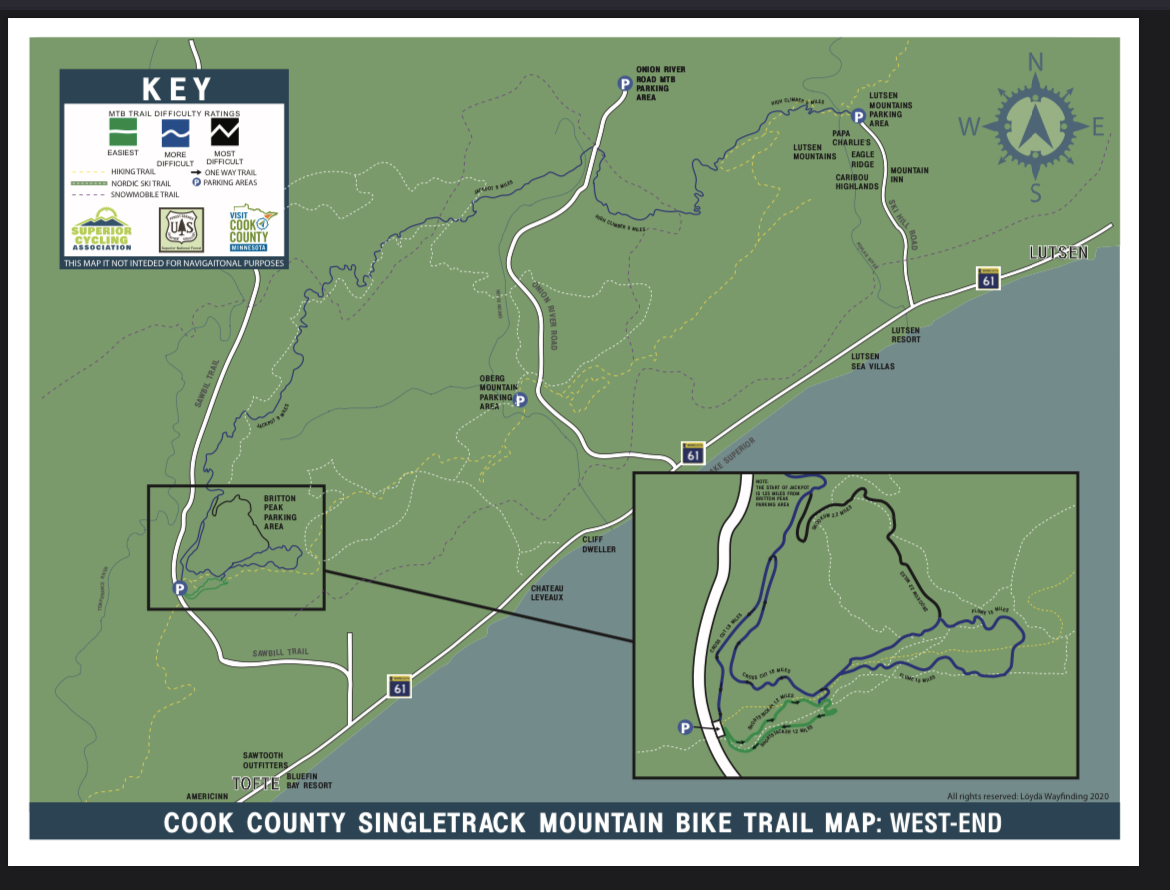 A detailed map of the Cook County Singletrack Mountain Bike Trail, specifically highlighting the West-End area. The map features marked trails with varying difficulty levels, parking areas, and notable landmarks. A key provides information on trail types and their difficulty ratings, such as easiest, moderate, and most difficult. Insets provide zoomed-in details of specific trail areas. The map is designed for mountain biking enthusiasts. Jackpot mountain bike trail.
