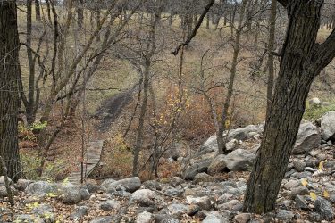 A woodland scene featuring a rocky slope leading down to a pathway surrounded by bare trees. The landscape includes patches of fallen leaves and some green foliage peeking through. In the distance, a wooden bridge crosses the path. The sky above is partially cloudy, indicating a cool day. Lake Minnewasta Recreation Trail mountain bike trail.