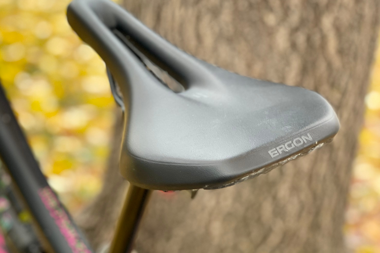 Close-up of a bike saddle with the logo "Ergon" visible. The saddle features a sleek, ergonomic design, set against a blurred background of autumn leaves and a tree trunk.
