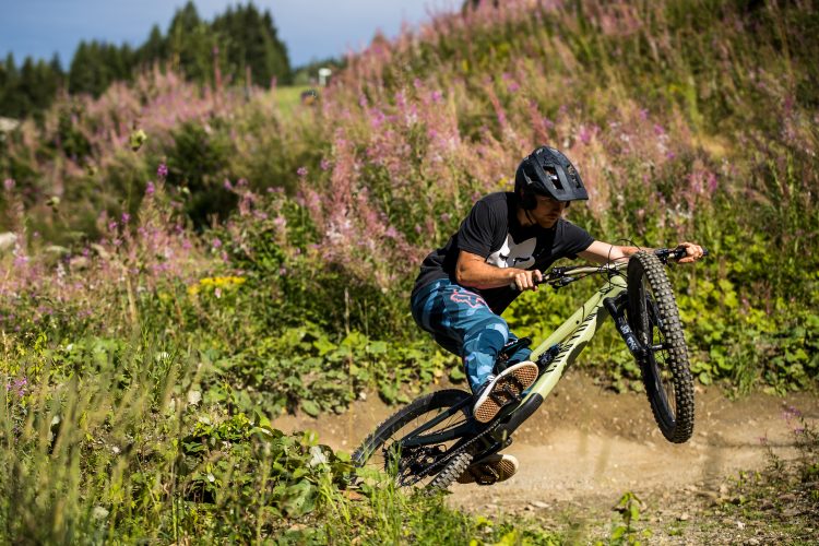 A mountain biker performs a stunt on a dirt trail surrounded by vibrant pink and green vegetation under a clear blue sky. The cyclist wears a helmet and a black shirt while executing a maneuver with one wheel off the ground.
