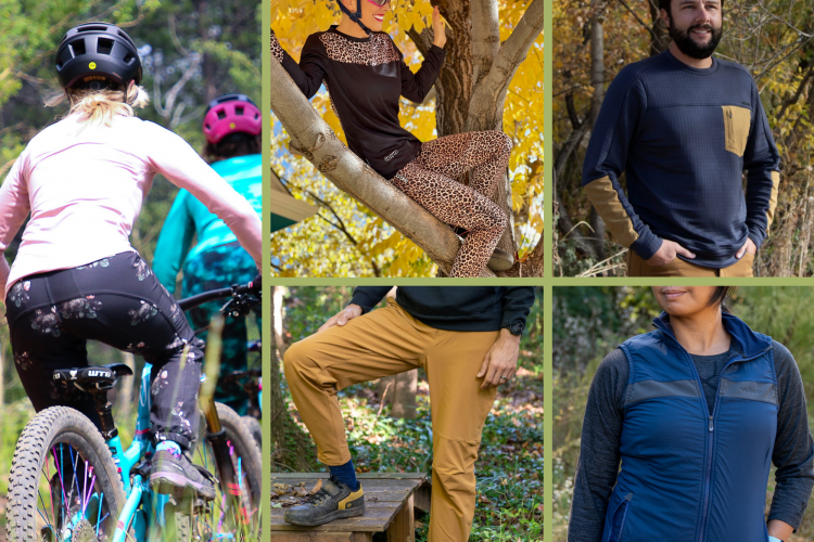 A collage featuring outdoor apparel for biking and hiking. The top left shows two women riding bikes, one in a pink top and patterned leggings. The top right features a woman sitting in a tree, wearing a stylish shirt with leopard print leggings. The bottom left displays a man wearing a black long-sleeve shirt and brown pants, sitting on a wooden platform. The bottom right shows a woman wearing a navy vest over a gray long-sleeve shirt, set against a natural backdrop.