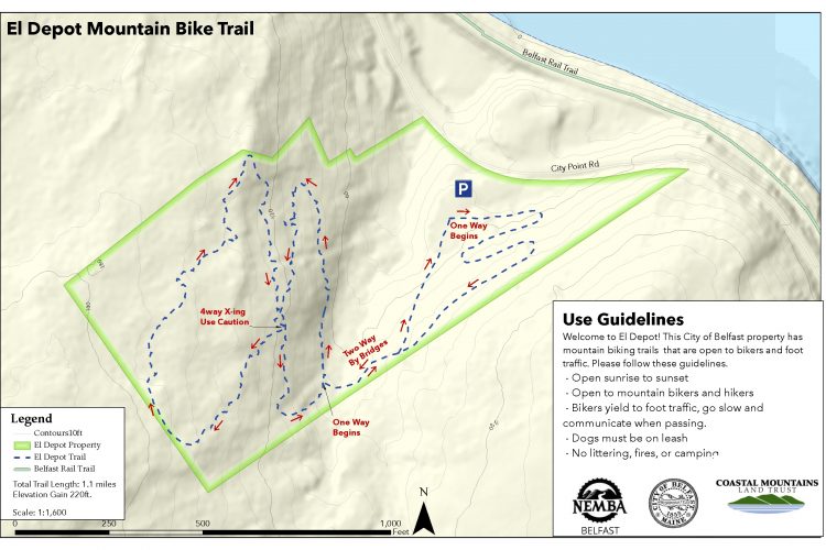 Map of El Depot Mountain Bike Trail, featuring various designated paths for mountain biking and foot traffic. The map includes trail lengths, elevation gain, and parking information, along with use guidelines emphasizing safety for bikers and hikers, as well as rules for dog owners. El Depot Mountain Bike Park mountain bike trail.