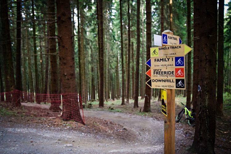 A wooden signpost in a forest displaying various mountain biking trail options, including distances and difficulty levels, set among tall trees. A bike is partially visible in the background near a red safety netting along the path.