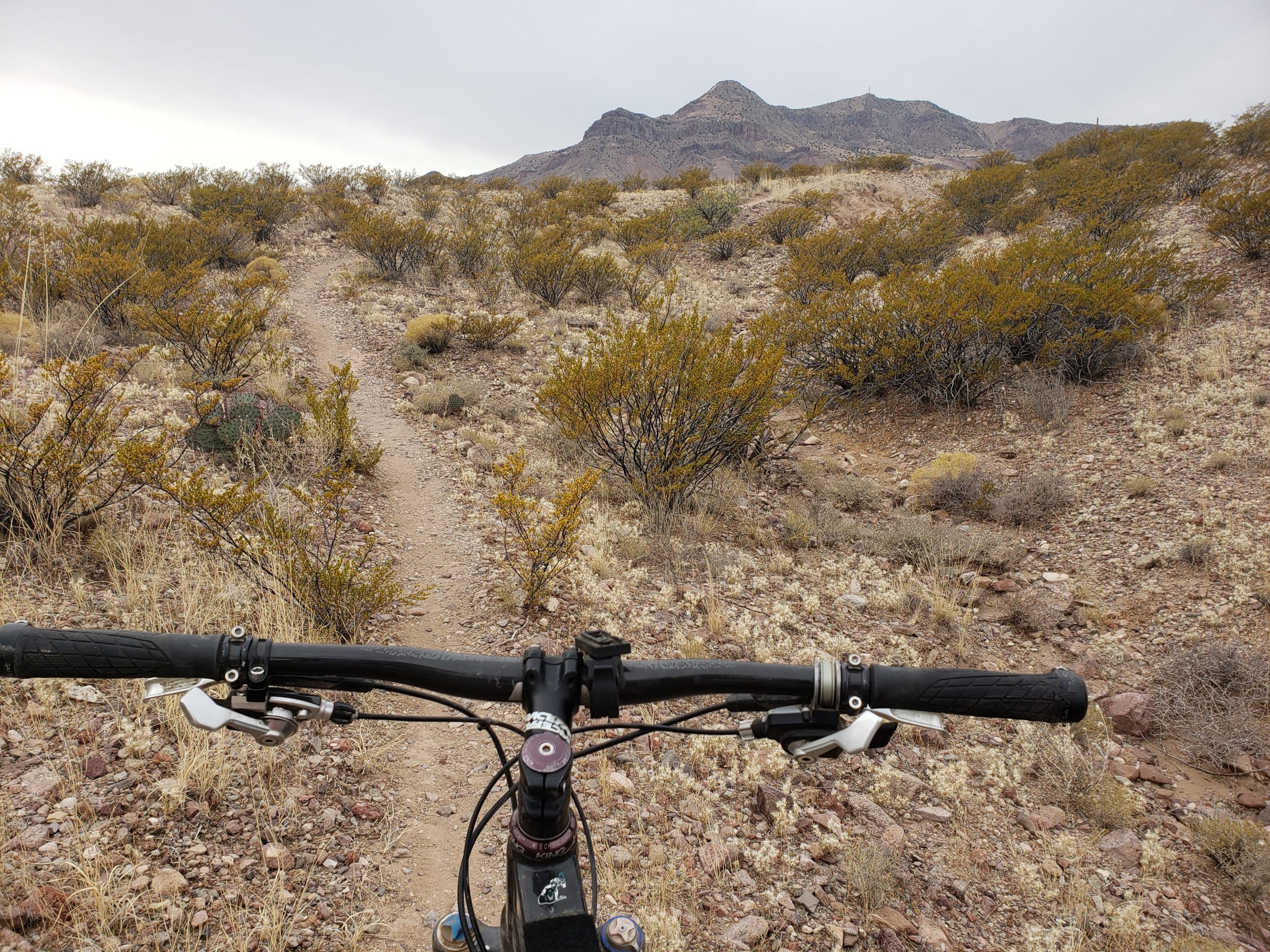 View from the handlebars of a mountain bike looking down a rocky trail, surrounded by sparse vegetation and hills under a cloudy sky. Socorro Singletrack mountain bike trail.