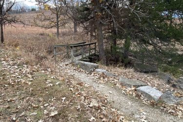 A scenic pathway leading to a small wooden bridge surrounded by trees and fallen leaves, with a grassy area and a hillside in the background. The scene captures the peacefulness of nature in autumn. Alcove Springs mountain bike trail.