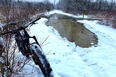 A snowy bike path with a fat tire bicycle leaned against a bush. The path is partially flooded with melted snow, surrounded by leafless trees and a cloudy sky. Snowflakes are falling, creating a wintery atmosphere. Luther Marsh mountain bike trail.