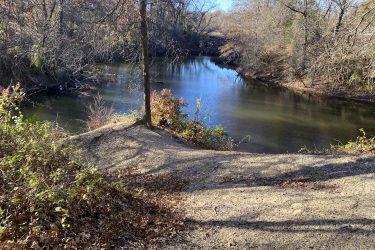 A serene view of a calm river surrounded by bare trees and overgrown vegetation, with a gravelly bank leading down to the water. Sunlight casts shadows on the ground, highlighting the earthy tones of fallen leaves and soil. 23rd St Bike Park mountain bike trail.