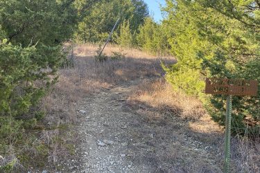 A dirt trail surrounded by green trees and dry grass, with a brown sign indicating "SPOT 1" on a metal post. The scene is set under a clear blue sky. Fancy Creek State Park mountain bike trail.
