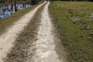 A winding dirt path leads through a grassy area bordered by trees, reflecting calm water on one side, under a partly cloudy blue sky. Yucca Pens Unit State Wildlife Management Area mountain bike trail.