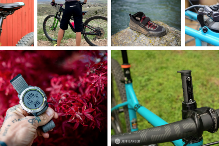 A collage featuring various outdoor and biking gear, including a mountain bike seat, an individual on a bike in a scenic landscape, a close-up of a pair of cycling shoes on a rock, a smartwatch displaying workout metrics with red foliage in the background, and a close-up of a bicycle's handlebars and headset.