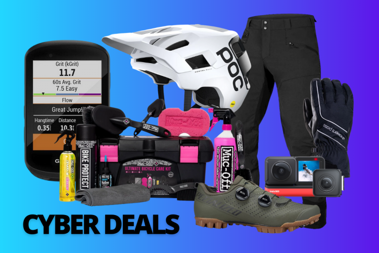 Image featuring various cycling gear including a GPS device displaying cycling metrics, a white cycling helmet, black cycling pants, gloves, shoes, and a bicycle care kit. The background has a gradient of blue shades, with the text "CYBER DEALS" prominently displayed at the bottom.