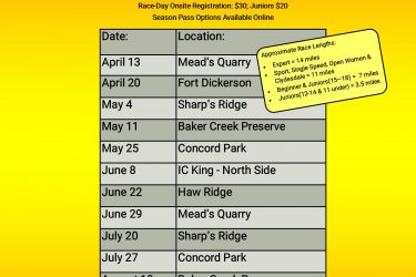 Alt text: "A flyer for the 2022 Knoxville MTB Wednesday Series by Knox Bike Racing. It includes details about race dates, locations, registration fees, category information, and approximate race lengths. The flyer features a colorful background with a logo and is aimed at promoting the mountain bike racing series." Baker Creek Preserve mountain bike trail.