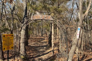 A rustic archway with the words "The ISH" welcomes visitors to a wooded trail. A yellow caution sign nearby warns that the trail is double black level, advising riders to stay within their skill level and to be aware of jumps, rocks, and other technical features. Surrounding trees and fallen leaves create a natural setting. Landahl Park Reserve mountain bike trail.