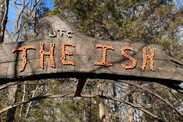 A wooden sign archway displaying the words "THE ISH" made from small orange and brown pieces, set in a wooded area with trees in the background and a clear blue sky. Landahl Park Reserve mountain bike trail.