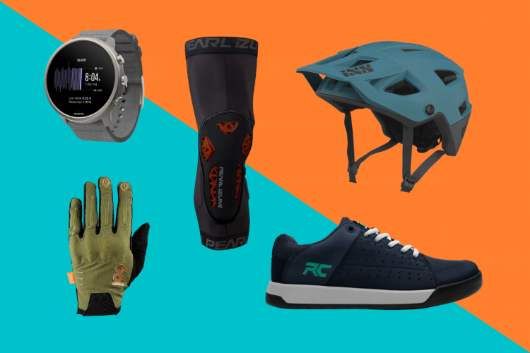 A flat lay image featuring various biking accessories on a vibrant background. Items include a sports watch displaying sleep data, a pair of green bicycle gloves, a black knee pad, a light blue helmet, and a pair of navy blue cycling shoes. The background is split into alternating orange and turquoise sections.