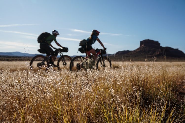 Two cyclists riding mountain bikes through a field of tall, golden grass. In the background, a rocky outcrop rises against a clear blue sky, with distant mountains visible. The scene captures a sense of adventure and the beauty of nature.