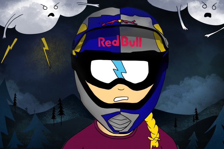 A cartoon illustration of a young girl wearing a motorcycle helmet with the Red Bull logo, staring intently. Dark, stormy clouds and lightning bolts loom above, creating a dramatic atmosphere. The background features stylized trees and mountains under a moody sky, enhancing the sense of adventure and challenge.