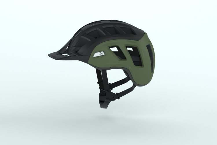 A modern cycling helmet featuring a streamlined design, predominantly black with olive green accents, showcasing ventilation openings and adjustable straps for a secure fit. The helmet is displayed at a slight angle against a light background.