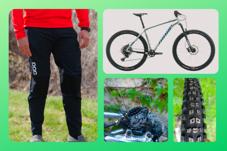 A man wearing a red long-sleeve shirt and black mountain biking pants stands outdoors on green grass, accompanied by a close-up of a mountain bike on the right. The bike features a silver frame and black wheels, with additional images showcasing its braking system and tire tread pattern in detail.