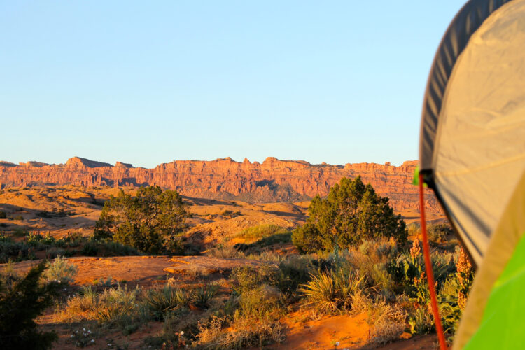 A view of a desert landscape at sunset, featuring red rock formations in the background and a green and grey tent in the foreground. Sparse vegetation, including shrubs and grasses, can be seen throughout the sandy terrain under a clear blue sky.