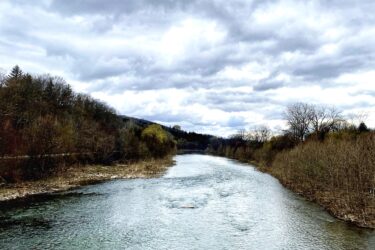 A tranquil river flows through a landscape bordered by trees, under a cloudy sky. The water appears clear and reflective, with gentle ripples, while the banks have sparse vegetation and occasional bare branches. Springbank park mountain bike trail.