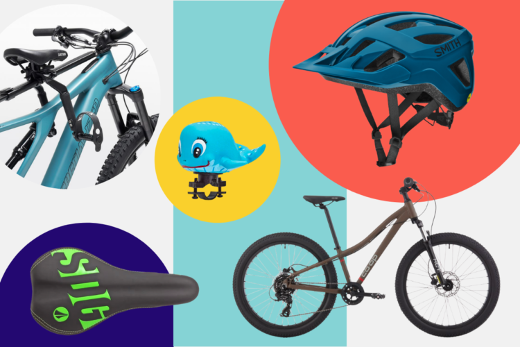 A collage featuring a variety of cycling accessories and equipment, including a turquoise mountain bike, a blue bicycle helmet, a black bike saddle with green lettering, and a blue whale-themed bike bell. The items are displayed against colorful geometric backgrounds.