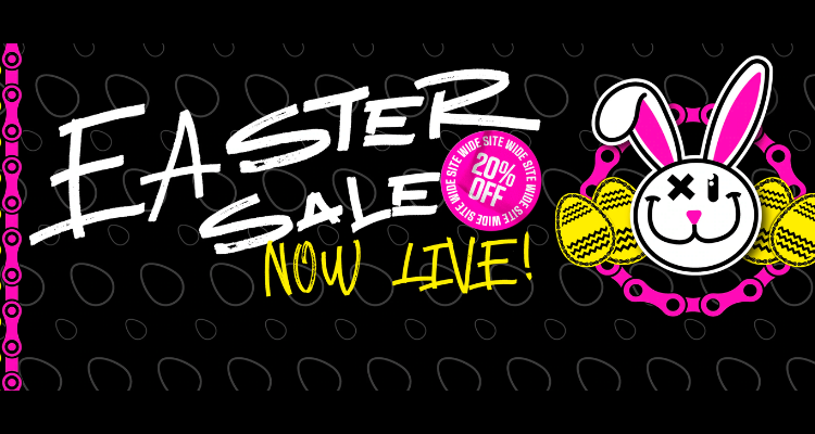 Image alt tag: Colorful promotional banner for an Easter sale featuring a smiling bunny, text announcing a 20% discount, and a playful design with eggs and geometric patterns.