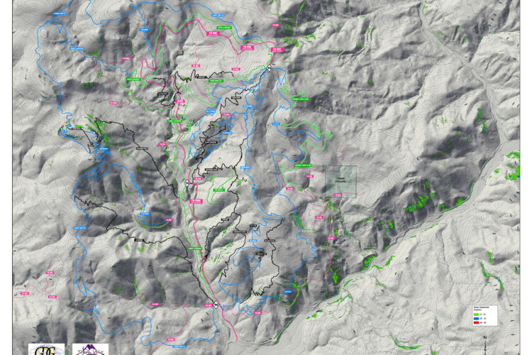 Topographic map depicting a mountainous area with contour lines in shades of gray, overlaid with blue, pink, and green lines indicating trails and elevation markers. The map includes labels for various points and features, along with a legend indicating slope degrees. Logos of organizations are present in the bottom left corner.