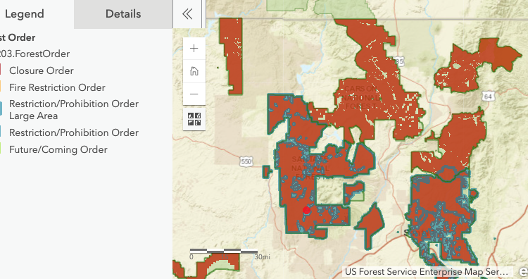 Map showing forest orders in a specific area, with different regions colored to indicate various restrictions: red for Closure Order, orange for Fire Restriction Order, blue for Large Area Restriction/Prohibition Order, and green for Future/Coming Order. The map includes a legend for reference.