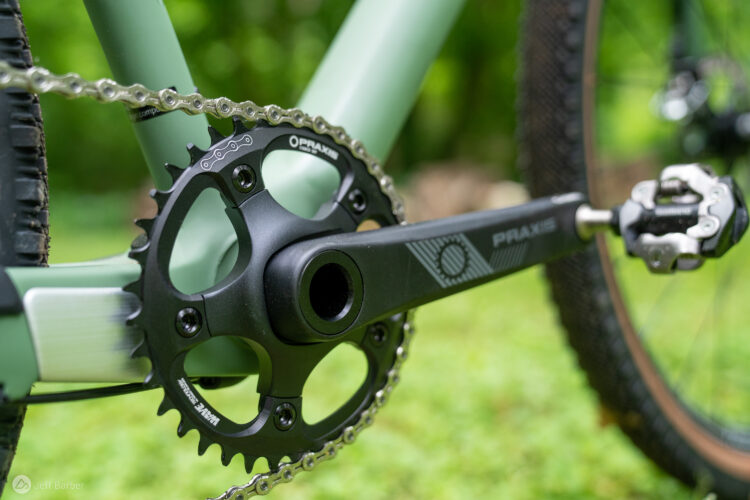 Close-up view of a bicycle crankset featuring a black chainring, pedal, and chain, set against a blurred green background, showcasing the bike's components and design.