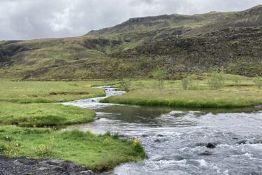 A serene landscape featuring a winding river flowing through lush green meadows, set against a backdrop of gently rolling hills under a cloudy sky. The scene captures the tranquility of nature, with patches of wildflowers dotting the grassy areas. Reykjadalur-Nesjavellir mountain bike trail.